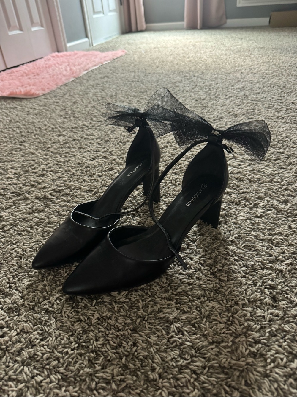 Amazon Black Pointed-Toe Ankle-Strap Heels with Sheer Bow